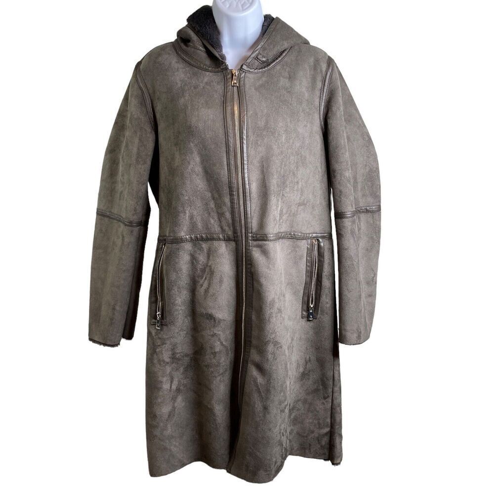 Ralph‎ Lauren Womens Brown Faux Suede Shearling Hooded Coat Excellent Longline